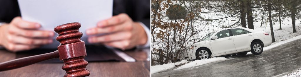 Composite graphic - on the right, a gavel and a judge reading notes, on the left, a white car that went off-road because of the icy conditions.