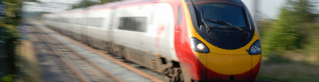 Intercity train moving at speed.