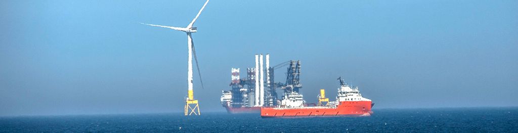 Wind farm installation offshore of Aberdeen, Scotland, in May 2018.