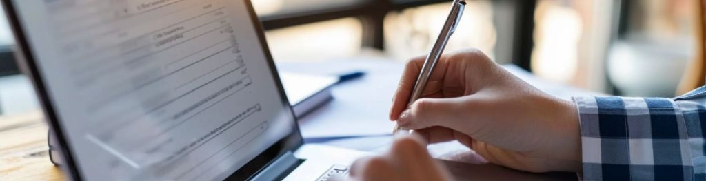 A pair of hands hovering over an open laptop. The right hand holds a silver pen. There are graphics on the screen.