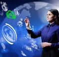 woman with dark hair in front of transparent screen with different environment symbols on, like CO2 or recycling