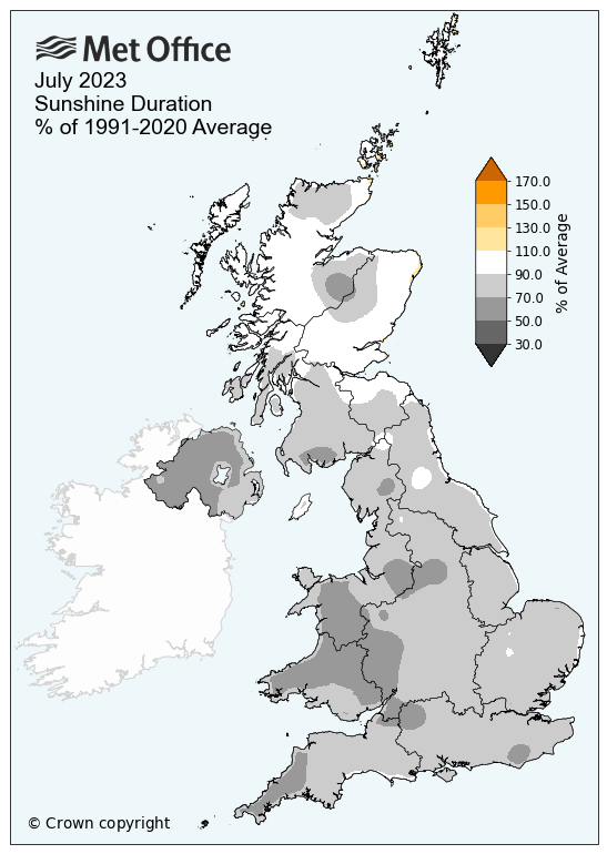 Map of the UK showing July 2023 sunshine compared to the long term average. The map shows a duller than average month for most.
