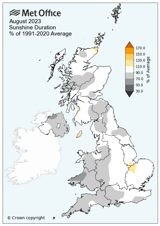 Map showing the UK's sunshine duration compared to average for August 2023. Map shows a slightly duller than average month, especially further to the south and west.