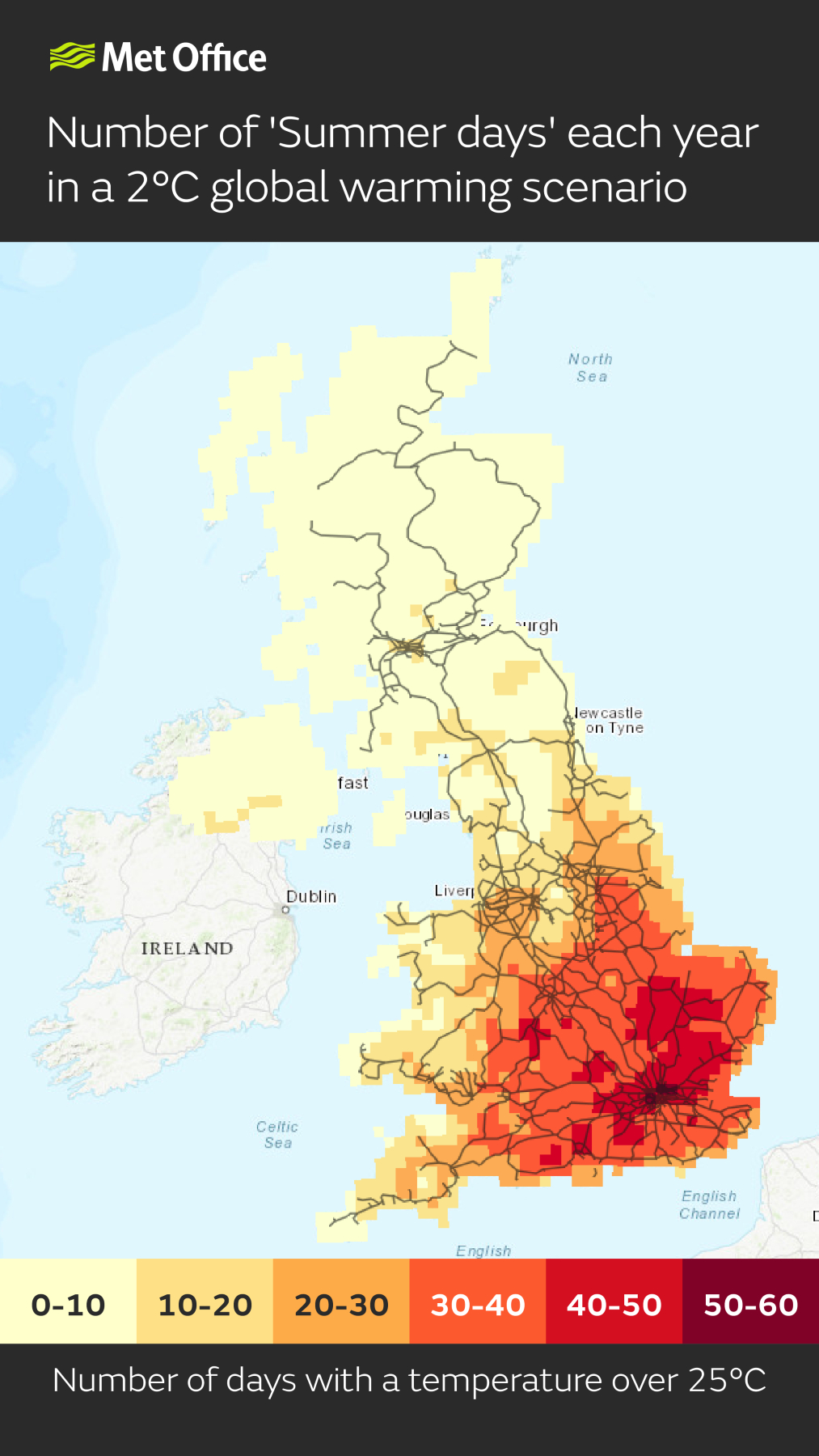 Headline: Number of 'Summer days' each year in a 2C global warming scenario. The map shows the UK with the mainline rail network overlaid. A gradient of deeper reds towards the South East of England shows a higher number of days with up to 50-60 'Summer days' each year in London. There are less the further north and west you go across the UK. A 'Summer day' is when temperatures reach over 25C.