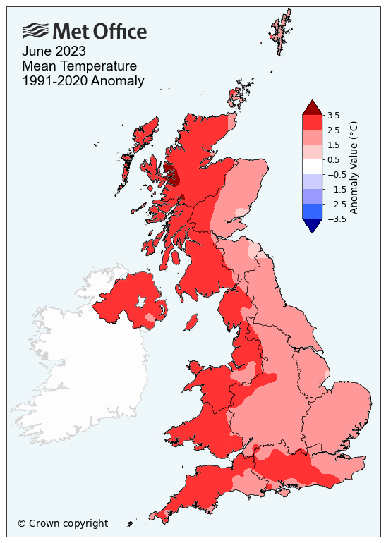 A temperature anomaly map of the UK's June mean temperature compared to average. The map shows the UK has been significantly warmer than average, especially so in the west.