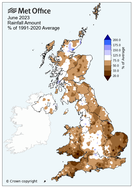 A rainfall anomaly map for the UK in June 2023. The map shows a predominantly drier than average month for the UK.