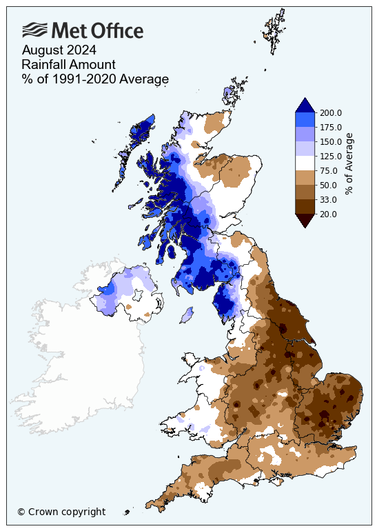 Map showing Scotland experiencing more rainfall than rest of the UK in August 2024