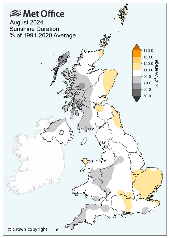 Map showing sunshine for August 2024, most sunshine in the southwest of the UK