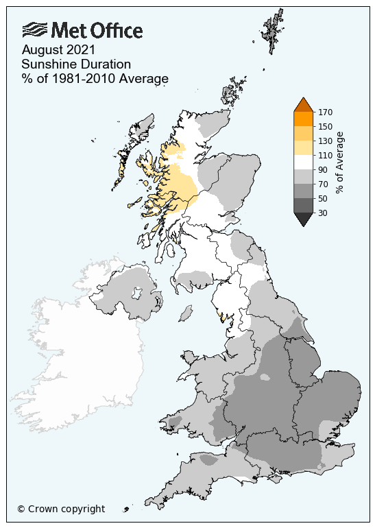 Map showing sunshine hours anomaly across the UK for August 2021
