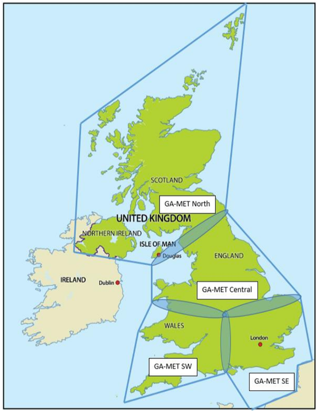 Map of UK with GAMET area coverage