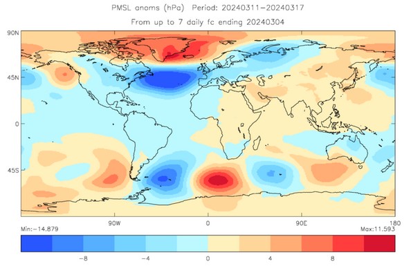 Map of the world showing forecast pressure for mid-March showing relatively high pressure over Iceland and low pressure over mid latitudes.