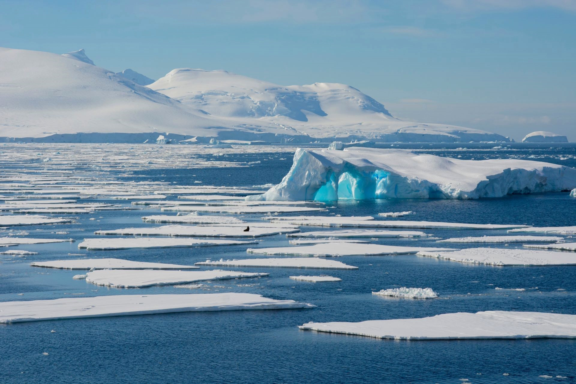 A view of Antarctica showing patches of sea ice, ice bergs and the Antarctic continent's mountains in the distance.