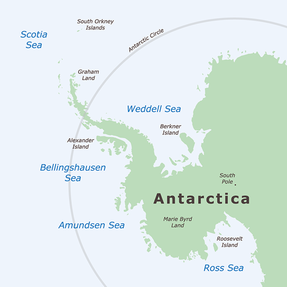 A map of Antarctica showing the Antarctic Peninsula separated by the Bellingshausen and Weddell Seas.