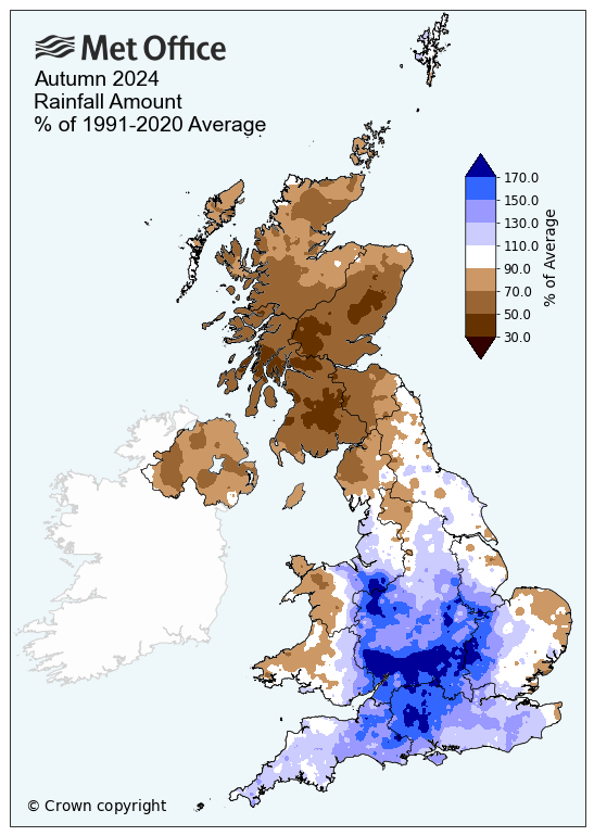 Map showing wetter in the south for Autumn 2024