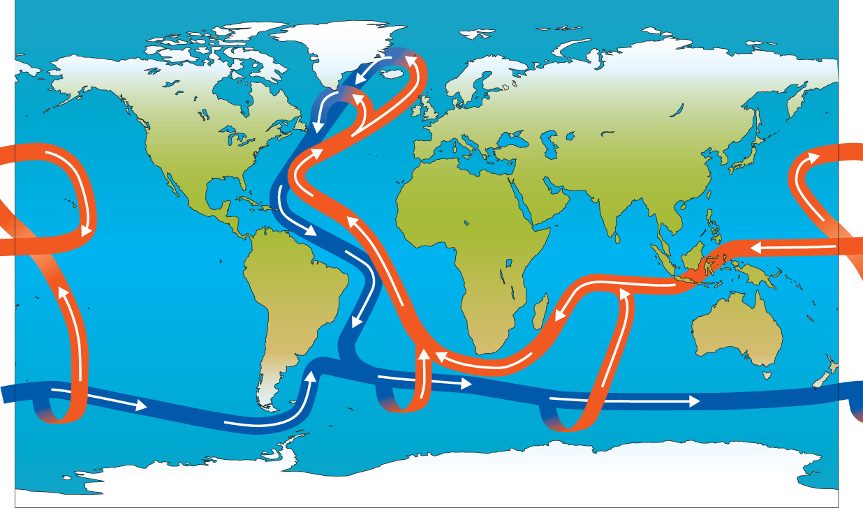 Map of the world showing ocean currents and their direction of movement.