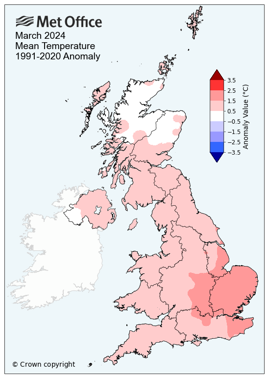 Map of the UK showing mean temperature for March 2024. Much of the map is a light pink showing above average temperatures for the UK, with slightly darker pink over south eastern England indicating slightly warmer.