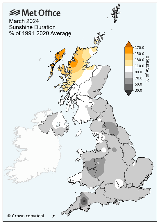 Map of the UK showing sunshine hours for the UK in March 2024. The map is yellow over north western Scotland meaning above average sunshine while the rest of the map is grey meaning below average sunshine for the rest of the UK.