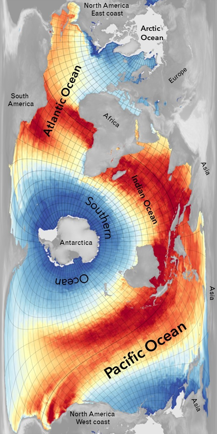 Map of the world with Antarctica in the centre with colours depicting the sea surface temperature. There are blues surrounding the poles with deepening reds around the mid latitudes.