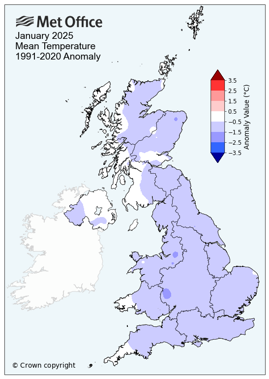 A map of the UK showing January 2025's mean temperature compared to average. The map shows colder than average conditions for most.