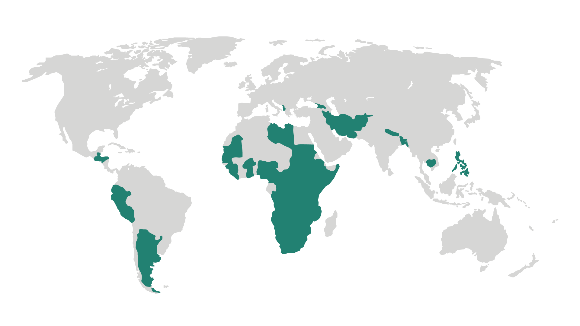 The map shows regions of the world where more than 30 percent of the present-day population is exposed to moderate or severe food insecurity. The regions are: Central America, western South America, southern South America, western, central, and southern Africa, southern Asia, parts of the southeast Asia and the Philippines.