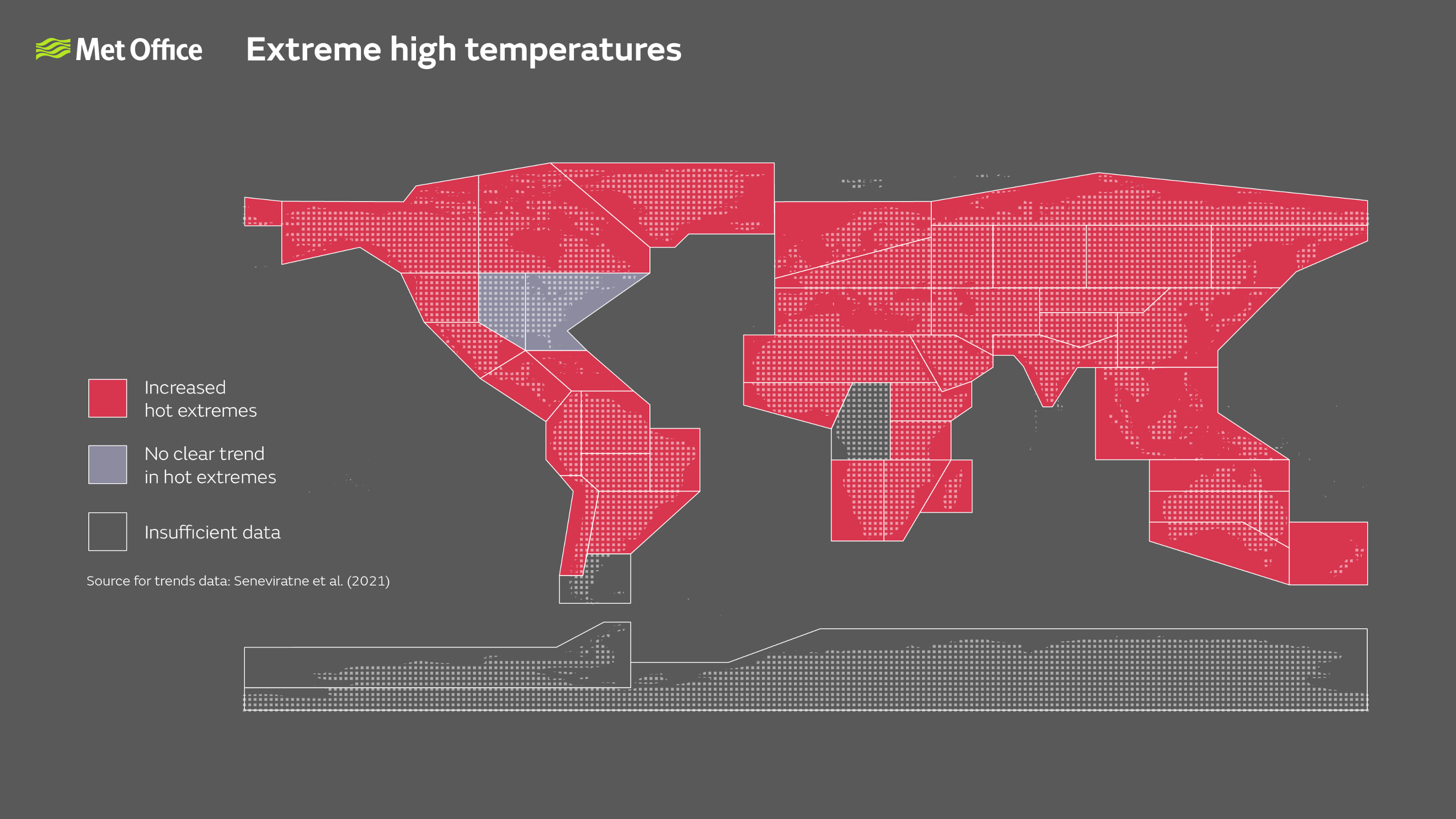Global map showing observed changes in hot extremes since the 1950s and examples of extreme heat events with their severity / likelihood increased by anthropogenic climate change. All regions have seen an increase in hot extremes, with the exception of Eastern and Central North America where there is no clear trend, and in Central Africa, Southern South America and Antarctica where there is insufficient data.