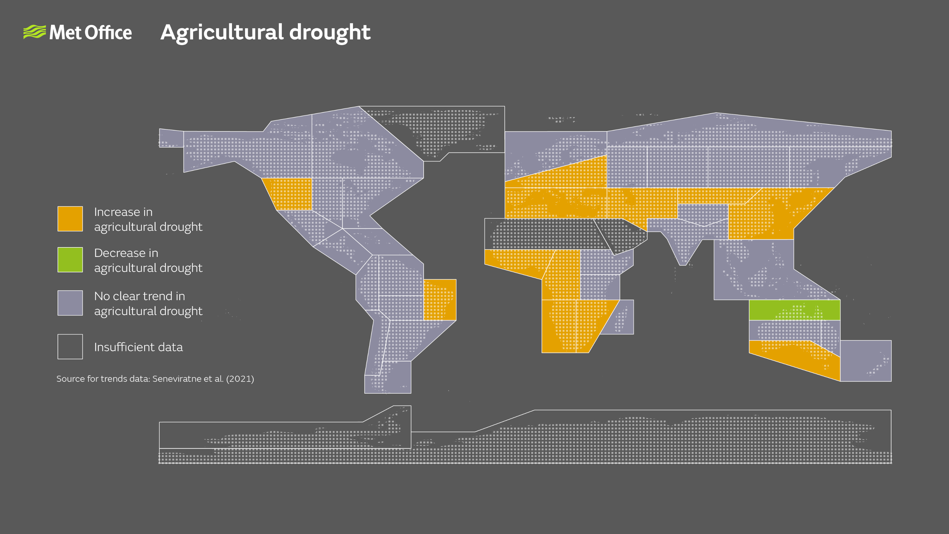 Global map showing observed changes in agricultural (soil moisture) drought since the 1950s, and examples of major drought events with severity / likelihood increased anthropogenic climate change. All inhabited continents have at least one region that is seeing an increase in agricultural drought. Northern Australia is the only region that shows a decrease in agricultural drought.