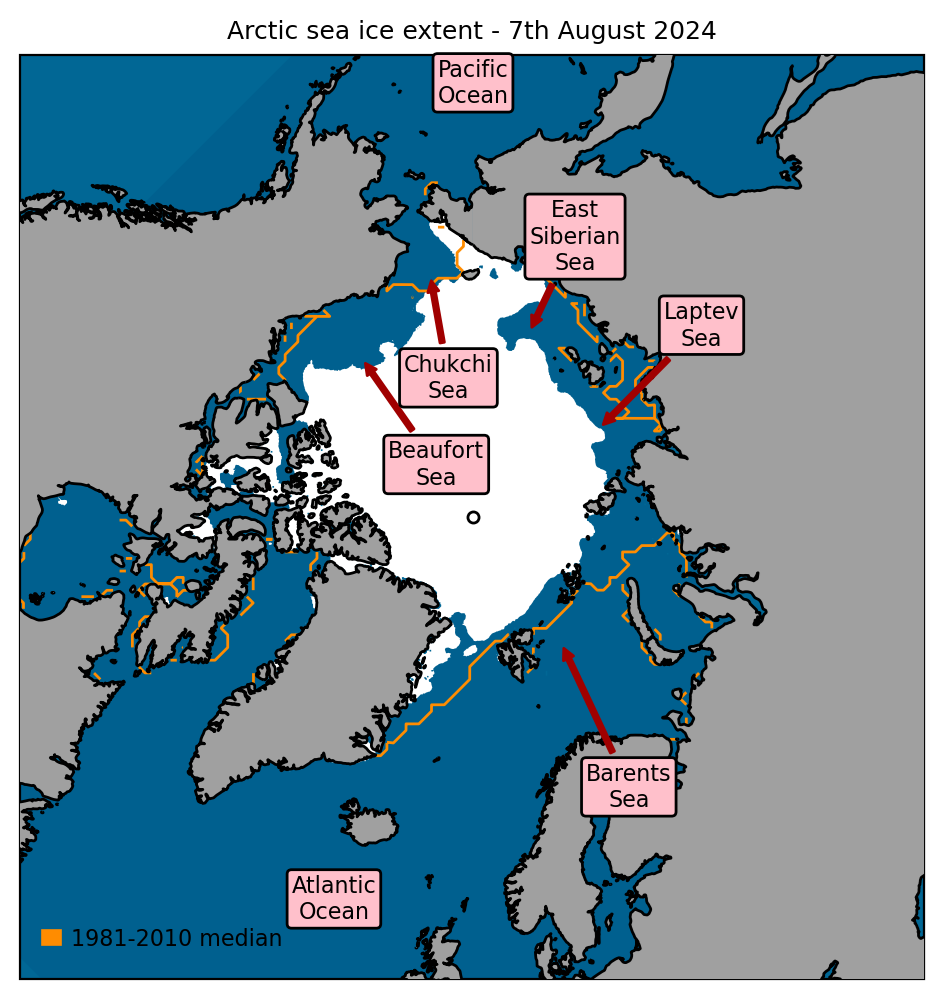 Arctic sea ice extent on 7th August 2024, with 1981-2010 average extent indicated in orange, and the regions referred to in the text labelled. Data are from EUMETSAT OSI SAF (Tonboe et al., 2017).