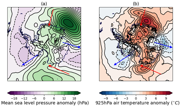 Near-surface Antarctic weather conditions for July 2024 relative to the 1981-2010 long-term average: (a) mean sea level pressure anomaly (hPa); (b) 925 hPa air temperature anomaly (°C). Data are from the ERA5 reanalysis (Hersbach et al., 2017). The main areas of warm and cold air movement are indicated with red and blue arrows respectively.