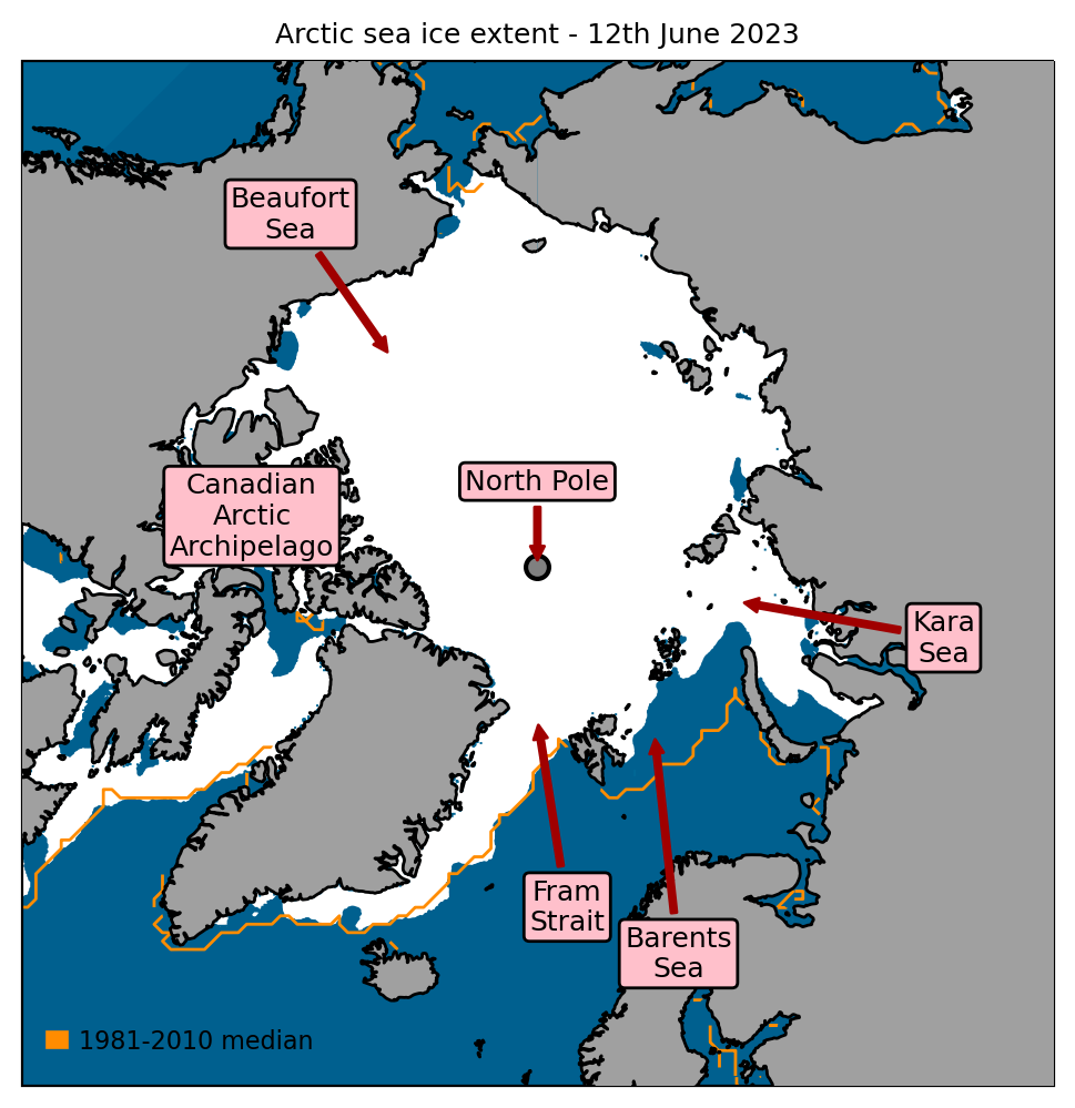 Arctic sea ice extent on 12th June 2023, with 1981-2010 average extent indicated in orange, and the regions referred to in the text labelled.