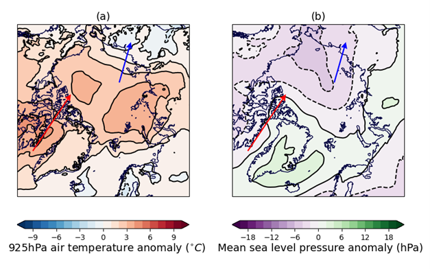 Near-surface Arctic weather conditions for November 2023 – March 2024 relative to the 1981-2010 long-term average: (a) 925 hPa air temperature anomaly (°C); (b) mean sea level pressure anomaly (hPa). Data are from the ERA5 reanalysis (Hersbach et al., 2017). The main directions of warm (red) and cold (blue) air movement are indicated by arrows.