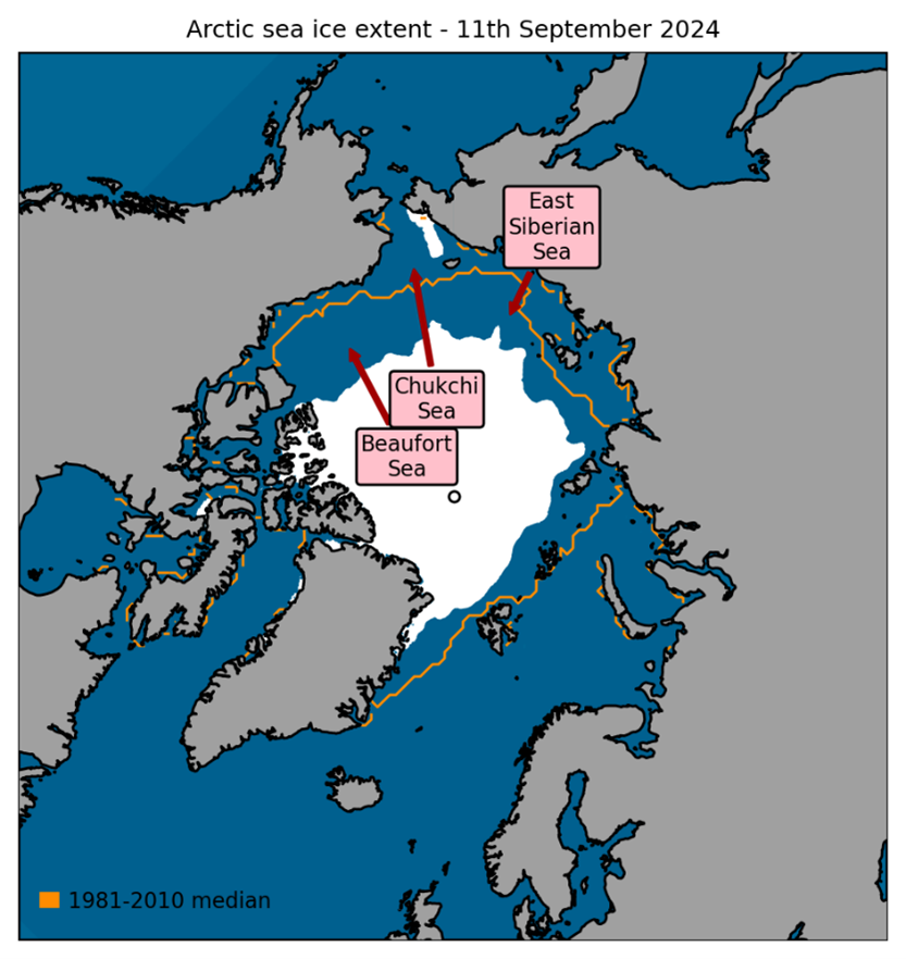 Annual minimum Arctic sea ice extent (11th September 2024), with 1981-2010 average extent for this date indicated in orange. Data are from EUMETSAT OSI-SAF (Tonboe et al., 2017).