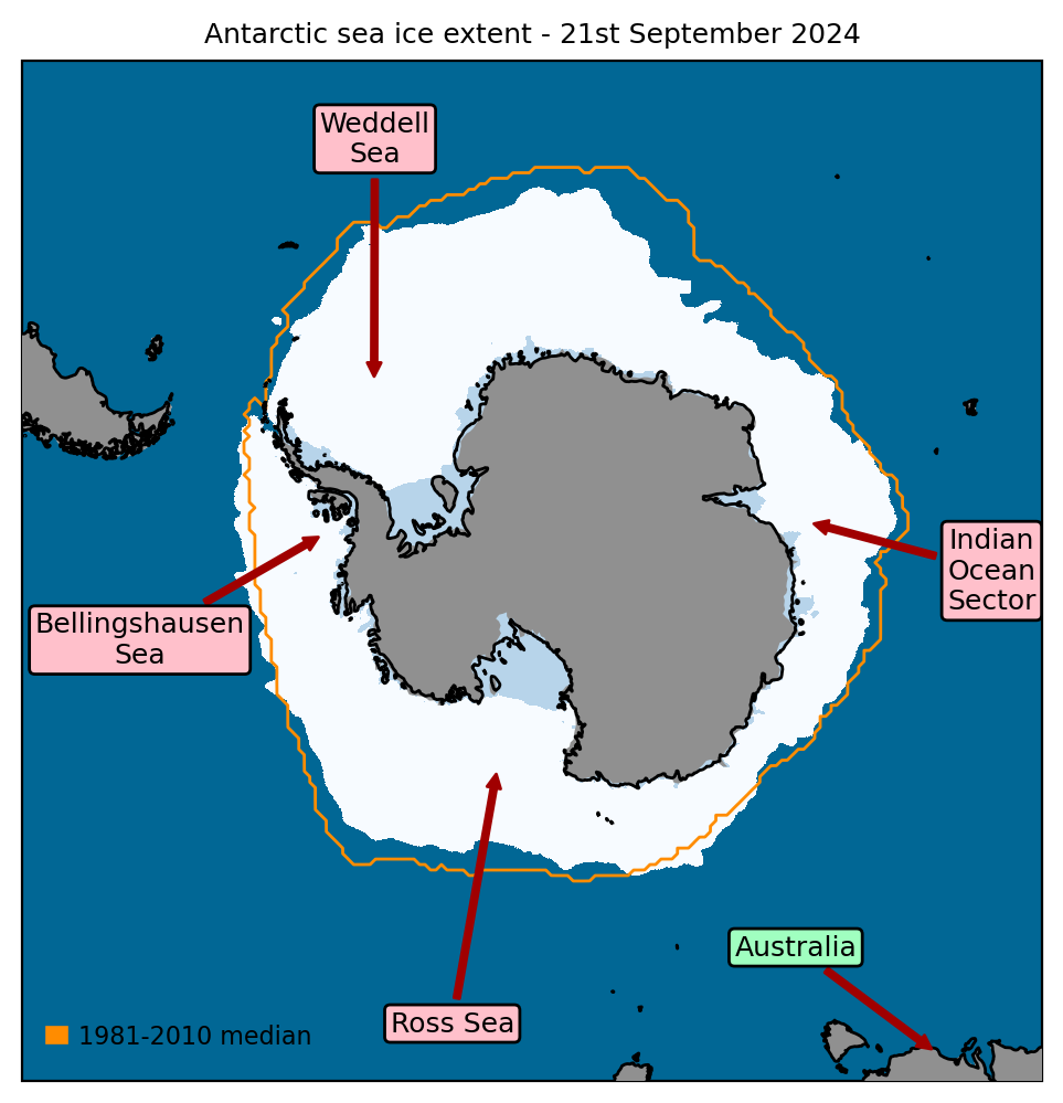 Maximum Antarctic sea ice extent at time of writing (recorded 21st September 2024), with 1981-2010 average extent for this date indicated in orange. Data are from EUMETSAT OSI-SAF (Tonboe et al., 2017).