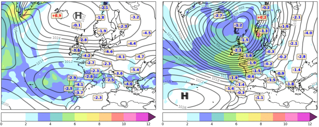 Met Office weather pattern climatology maps for Pattern 27 (left) and 30 (right).