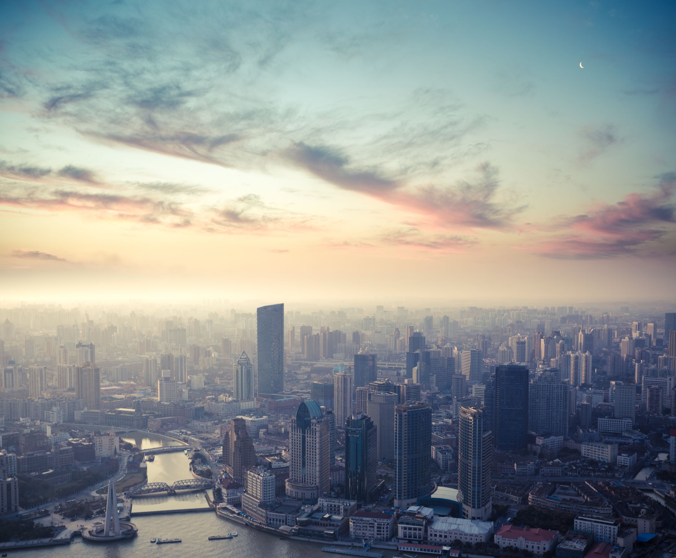 Decorative image showing a city with skyscrapers from above