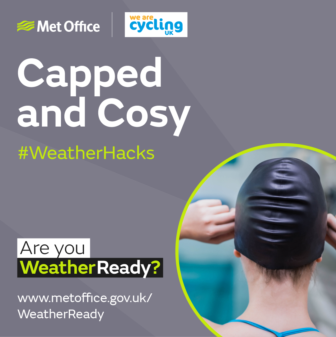 Met Office - Cycling UK - Capped and Cosy #WeatherHacks. The image shows someone putting on a swimming cap.
