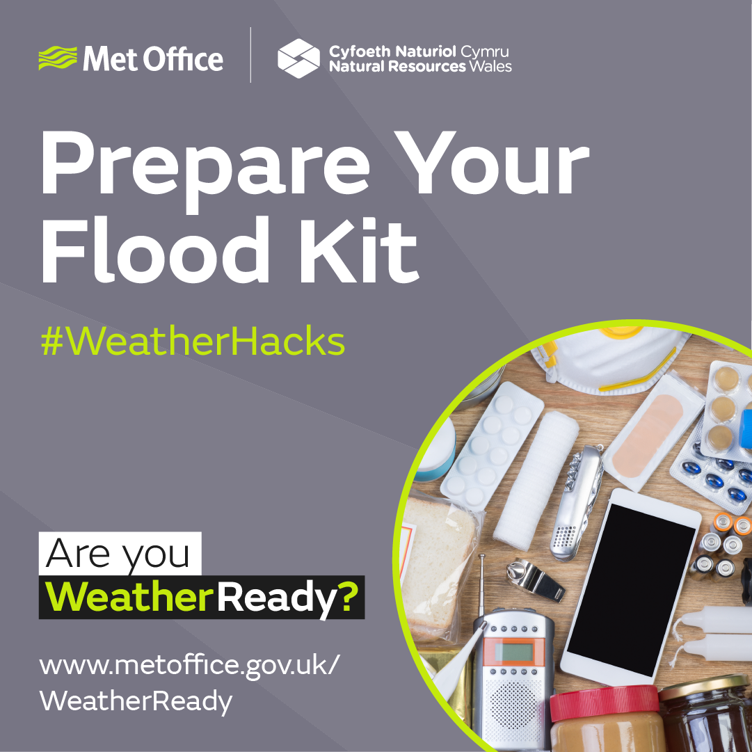 Met Office - NRW - Prepare your flood kit. The image shows some essentials together, like a phone, and some documents.