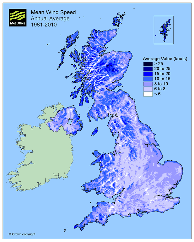 Map of the UK showing the mean wind speed annual average between 1981 and 2010. The windiest locations are in the north and west of the UK, because these locations are more exposed to the west and southwesterly winds across the UK.