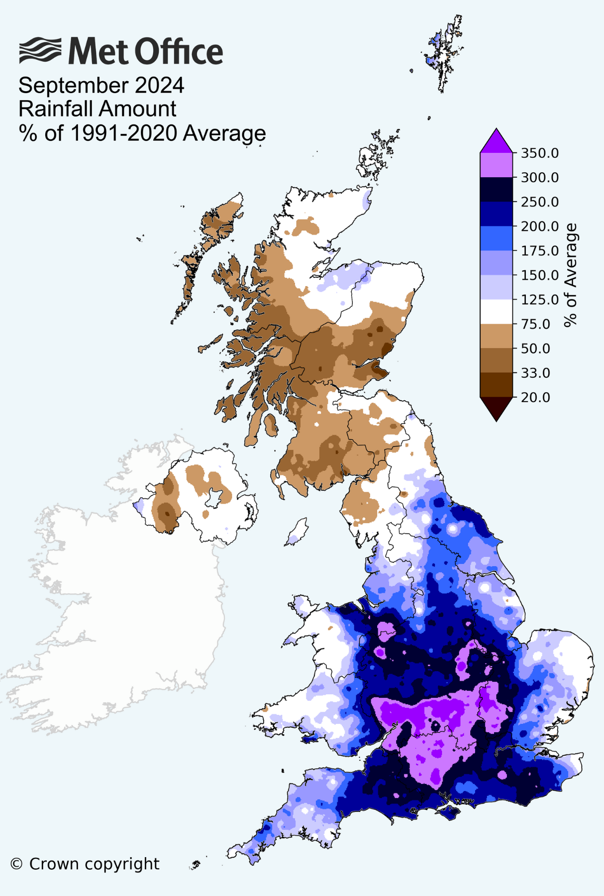 Map showing rainfall for September 2024, especially rainy in the south and central parts of the UK, much drier in the north